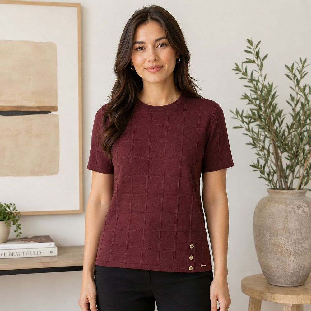 Calvin Klein Womens Burgundy Textured Knit Top Gold Button Accent Large NWOT